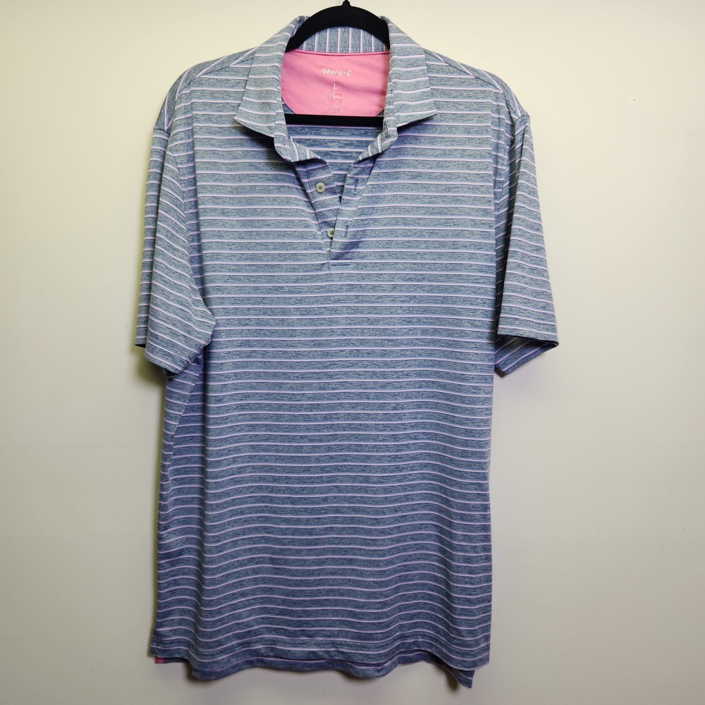 Johnnie-O Men's Jett Performance Polo Shirt L Blue Pink Micro Horizontal Stripes